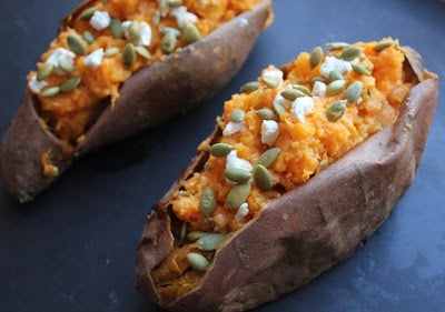mashed-sweet-potatoes-with-goat-cheese-and-pepitas