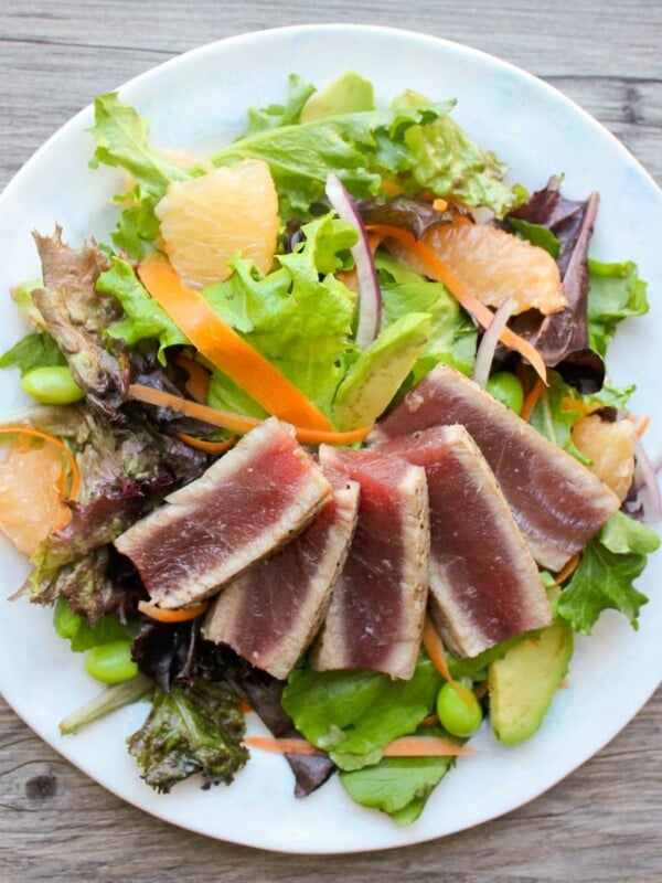 Plated Seared Ahi Tuna Steak Salad overhead.