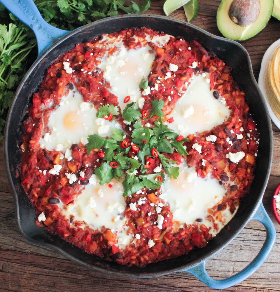 Fiesta-Baked-Eggs-with-Farro-Black-Beans-and-Chicken-Sausage