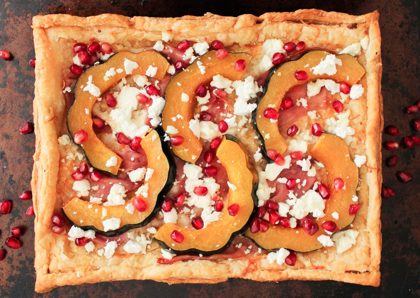 Acorn Squash Tart with Prosciutto and Pomegranate unsliced
