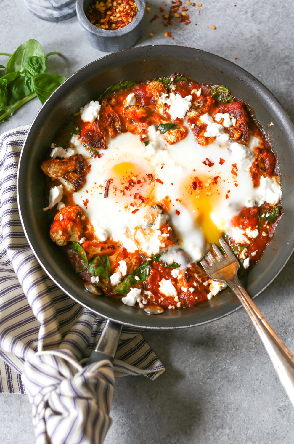 5-ingredient Skillet Eggs with Spinach and Roasted Cauliflower