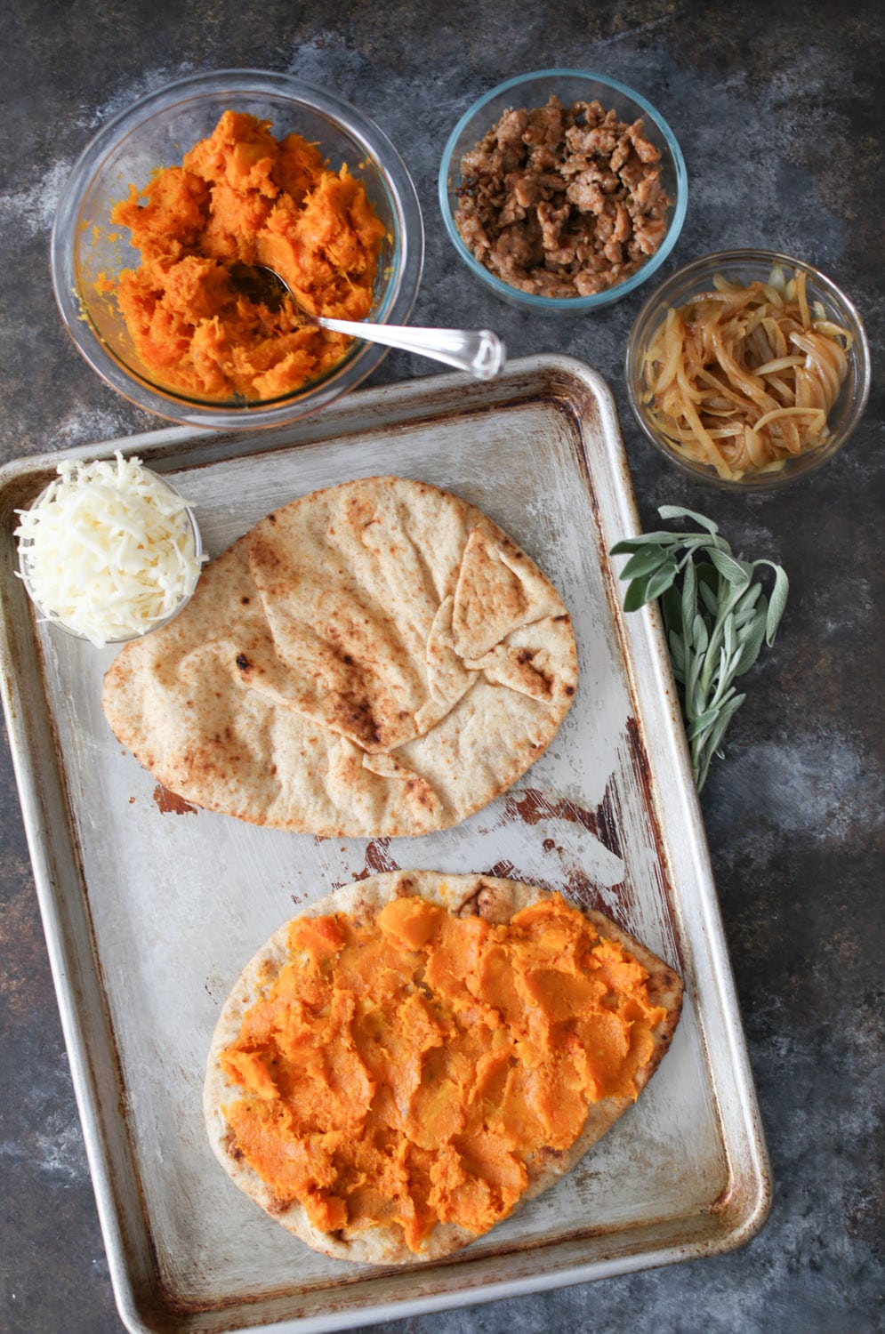 Butternut Squash Flatbread with Sausage and Caramelized Onions
