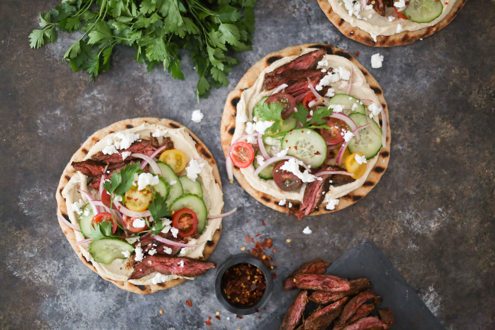 Mediterranean Grilled Skirt Steak Flatbreads