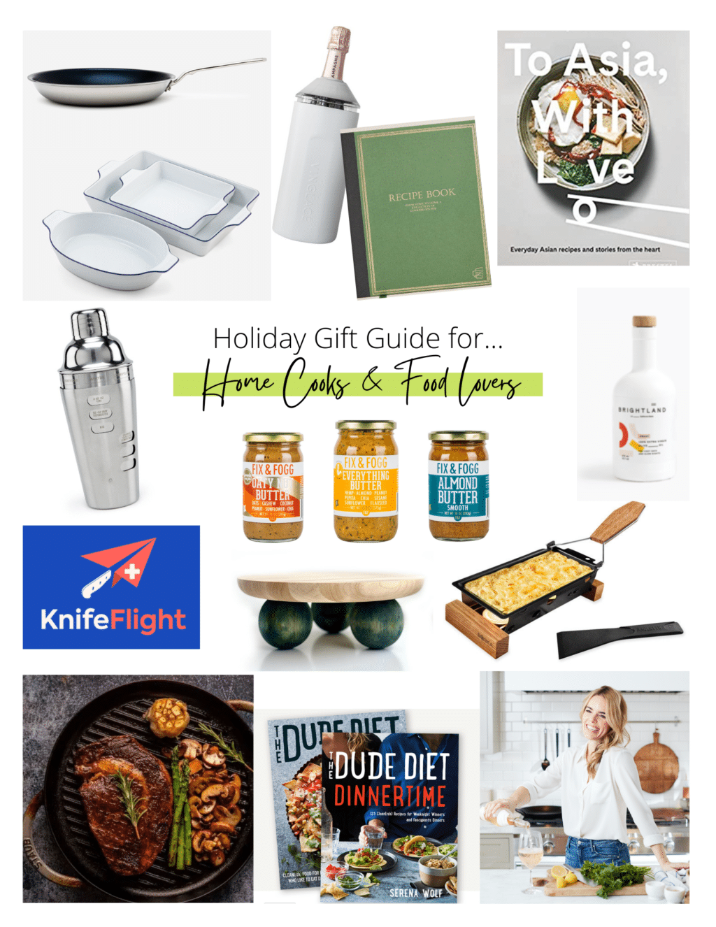Collage with small pictures of gift ideas for home cooks and food lovers.